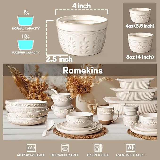 Artena Ramekins Oven Safe, Creme Brulee Ramekins, Embossed White Ceramic Souffle Pudding Custard Cups, Baking Dish, Dipping Bowls, Sauce Cups, Set Of 4 (Wheat Leaf, 8 oz)