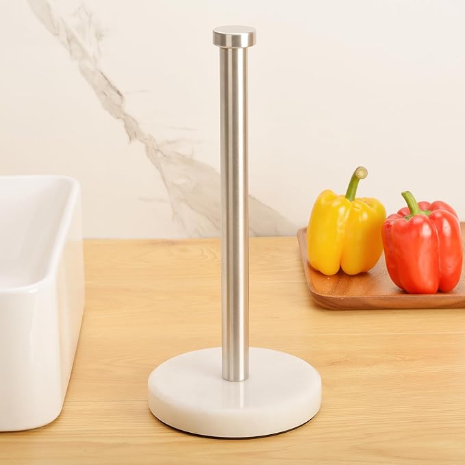 Paper Towel Holder Countertop, Heavy Weighted Marble Base Paper Towels Holder for Kitchen Counter, Modern Standing Papertowel Roll Holders(Brushed Nickel Stainless Steel Bar, White Natural Marble)