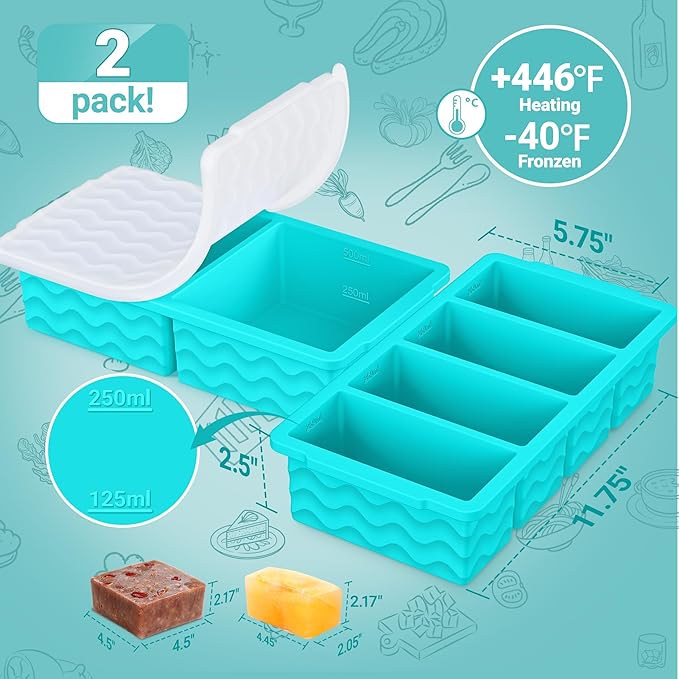 Silicone Freezer Trays with Lid for Soup, 1-Cup & 2-Cup Large Ice Cube Molds Food Storage Containers for Meal Prep, Freeze 500mL/250mL/125mL Portions – 2 Pack