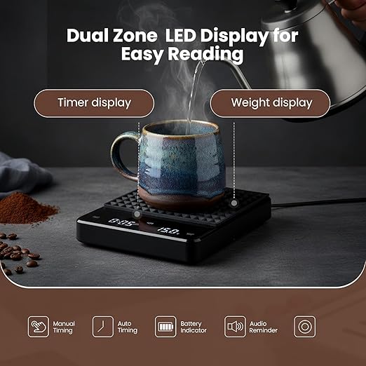 Coffee Scale with Timer 3kg/0.1g High Precision Digital Espresso Scale for Pour Over and Drip Coffee Large Gram Scale for Kitchen Baking and Jewelry with Rechargeable Battery and Silicone Mat