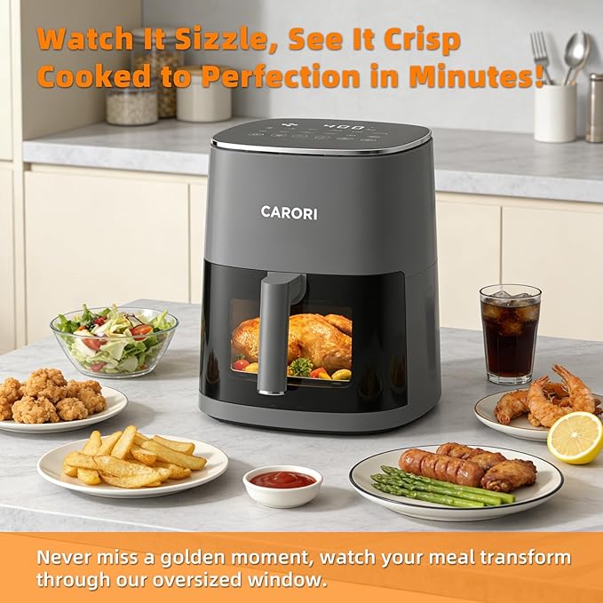 CARORI 6QT Air Fryer with Viewing Window, 12 Cooking Presets, 1700W Fast & Even Cooking, Max 400℉ Crisping, Bake, Roast, Reheat & Dehydrate, Large Nonstick Basket, Dishwasher Safe, Gray