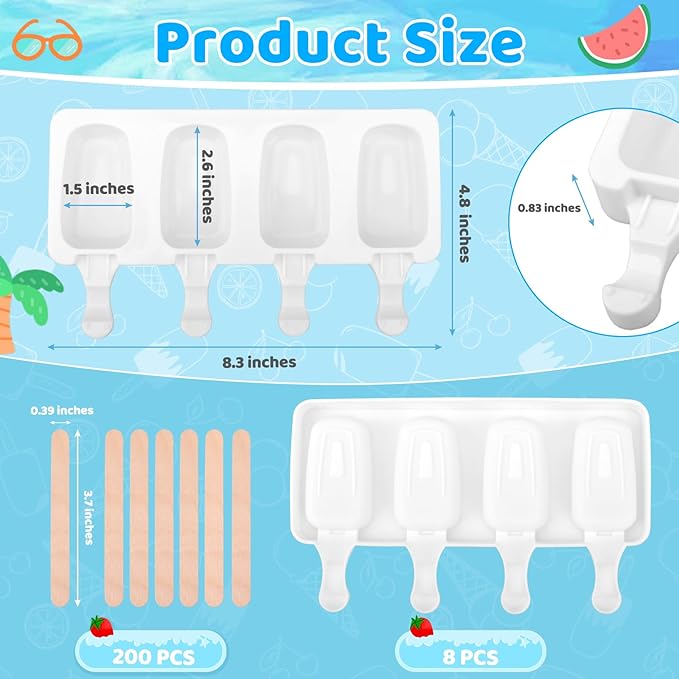 2 Set Silicone Popsicle Molds 4 Cavities Ice Cream Oval Cake Molds with 100 Sticks, Reusable Ice Pop & Cakesicle Mould for Kids, DIY Frozen Treats, Summer Snacks, Parties Favors, Easy Release (White)