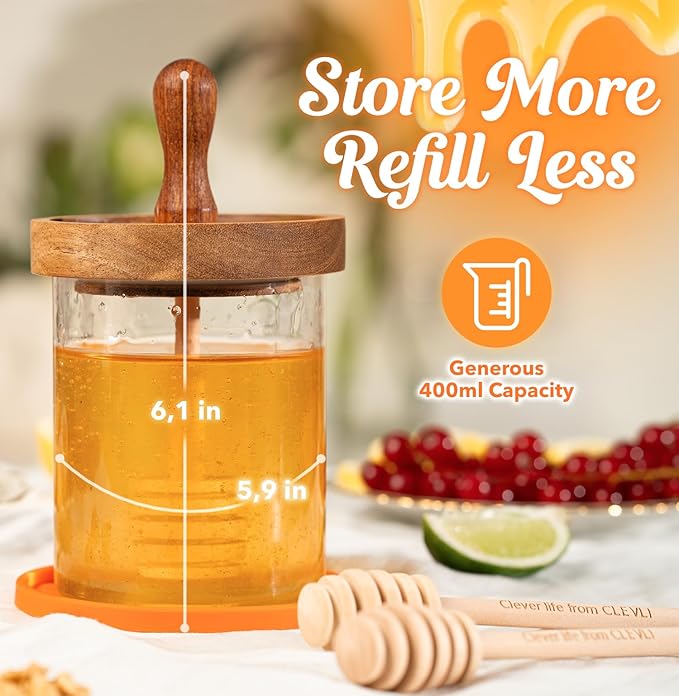 CLEVLI 12 oz Honey Jar Set with Silicone Mat, 2 Extra Dippers, Airtight Wooden Lid, & Custom Gift Box | Glass Container Honey Pot for Honey & Syrup | Durable & Stylish Kitchenware
