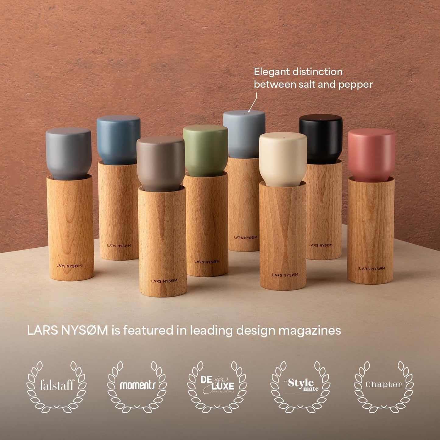 LARS NYSØM Wooden Salt and Pepper Grinder Set Manual with Tray - Salt and Pepper Mills with Adjustable Ceramic Grinder - Elegant Beechwood Pepper and Salt Mill Set for Dining Table (Red/Green)