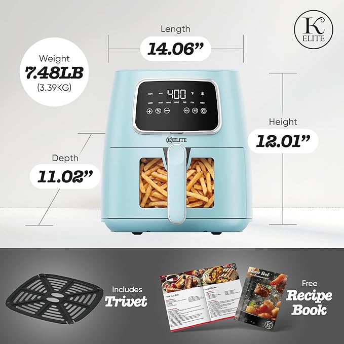 Kitchen Elite 5.5 Qt Compact Digital Air Fryer, 7-in-1 Small Airfryer with LED Screen, Nonstick Dishwasher Safe Basket, Space-Efficient Design, Blue