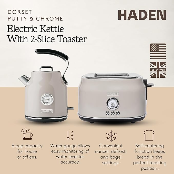 Haden Dorset 2 Slice Wide Slot Stainless Steel Toaster Bundled with 1.7 Liter Stainless Steel Electric Kettle with 360-Degree Base, Putty & Chrome