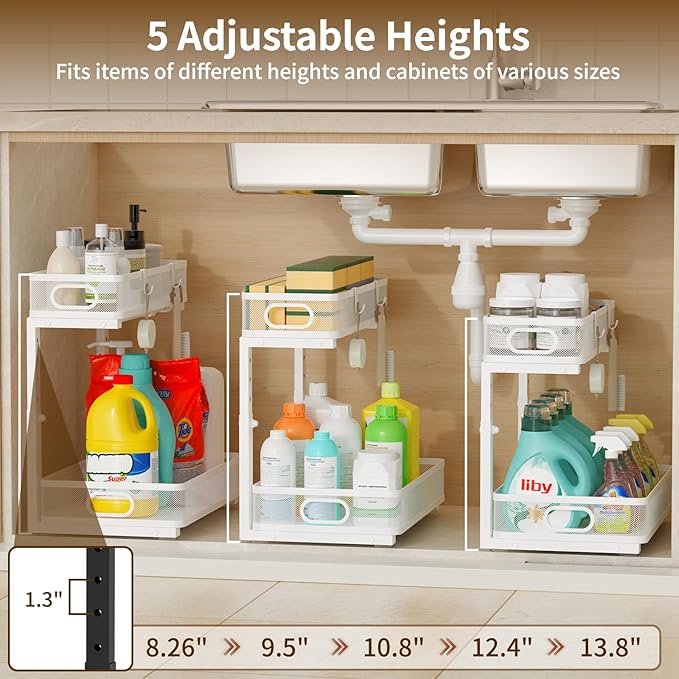Under Sink Organizer 2 Pack, 2-Tier Slide Out Cabinet Organizer with Metal Sliding Drawer and Hooks, Pull Out Storage Baskets for Kitchen Bathroom Pantry Cabinet Organization (White)
