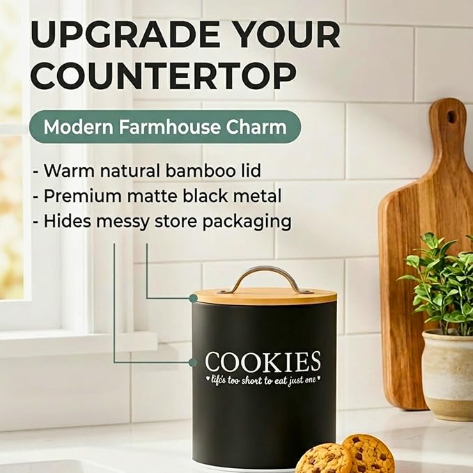 D'Lifeful Cookie Jar with Airtight Bamboo Lid – 0.6 Gallon Cute and Decorative Cookie Storage for Kitchen Countertop – Farmhouse Storage Tin for Freshness – Great Gift Idea