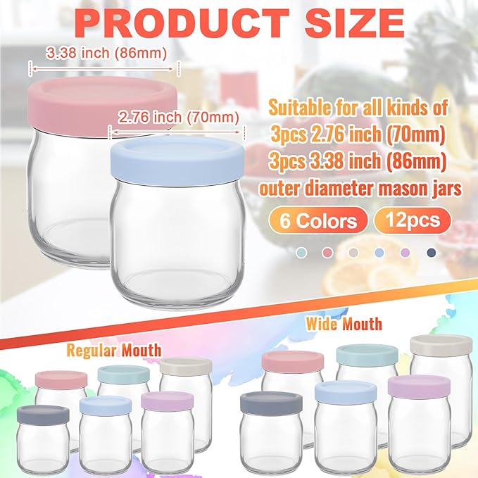 Teenyyou 12 Pcs Mason Jars 6 Wide and 6 Regular Mouth Lids Mason Jar Lids Thickened Leak Proof Lid for 86 mm and 70 mm Wide and Regular Mouth, Reusable Canning Jar Caps(Morandi)