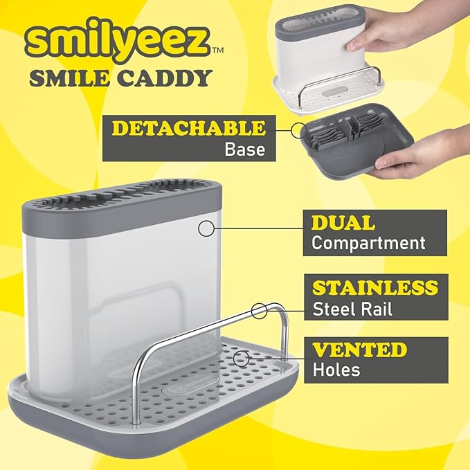 The Original Smiling Sponge Handle Soap Dispensing Handle by Smilyeez for The Smiling Sponge with Smilyeez Caddy & Dishwand with 2 Scrub Brushes (Light Blue)