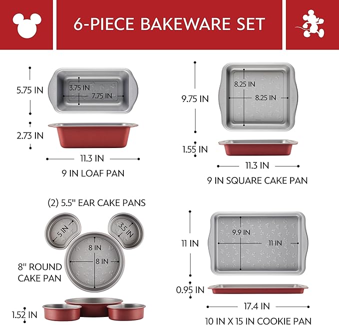 Farberware Disney Bake with Mickey Mouse Nonstick Bakeware Cake Pans, Baking Sheet, and Loaf/Meatloaf Pan, 6 Piece Non Stick Bakeware Set - Red