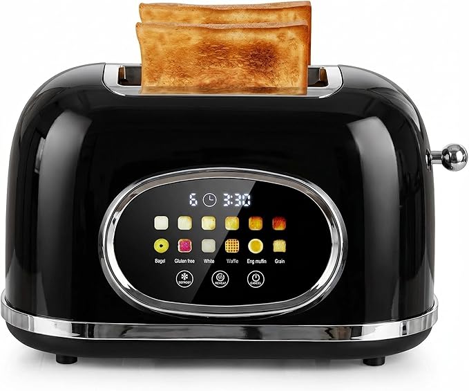 Roter Mond 2 Slice Toaster Smart Touch Screen, Retro Stainless Steel Bread Toaster with Digital Timer, Sleep Mode, Bagel, Cancel, and Defrost Functions, 6 Bread Types and Shade Settings, Black
