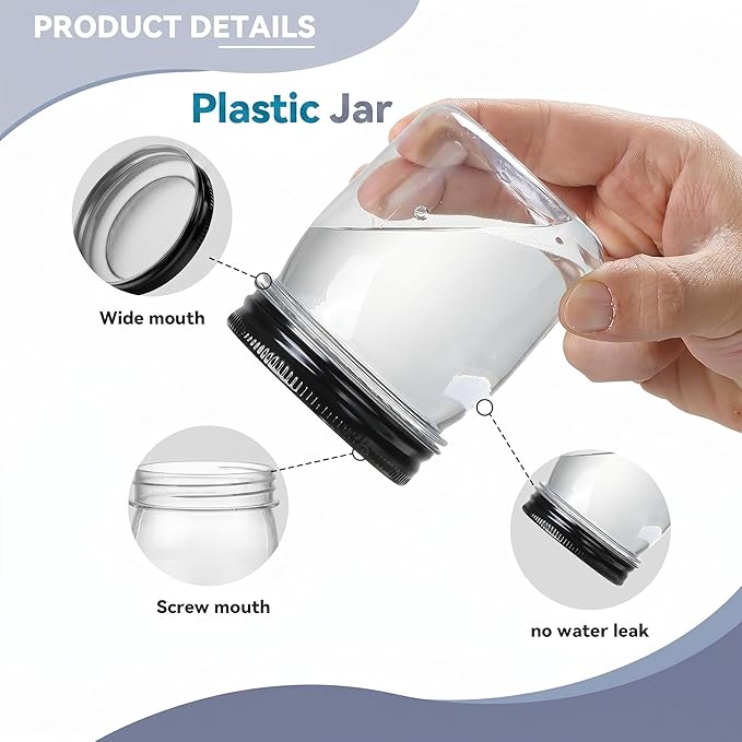 novelinks 8 oz Clear Plastic Jars with Airtight Lids, 48 Pack Plastic Mason Jars with Lids 8oz, Refillable Storage Slime Containers & Small Spice Jar for Kitchen Organization (48 Pack,Black)