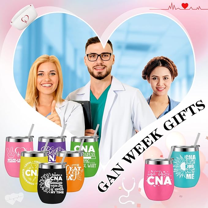 Sliner 8 Pcs CNA Gifts Tumbler with Lid, 12oz Stainless Steel Cups CNA Week Appreciation Gifts Medical Tumblers for Women Men RN Certified Nursing Assistant Graduation Office Essentials Nurse Week