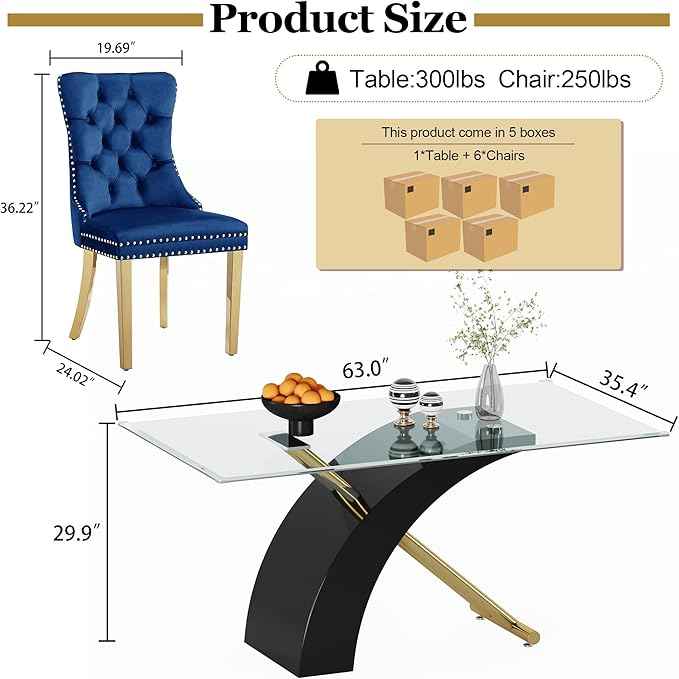 7 Piece Glass Dining Table Set for 6, 63" Modern Kitchen Table with 6 Blue Velvet Chairs, Tempered Glass Tabletop with Black X-Shaped MDF Base, Modern Dining Room Set for Kitchen and Dining Room