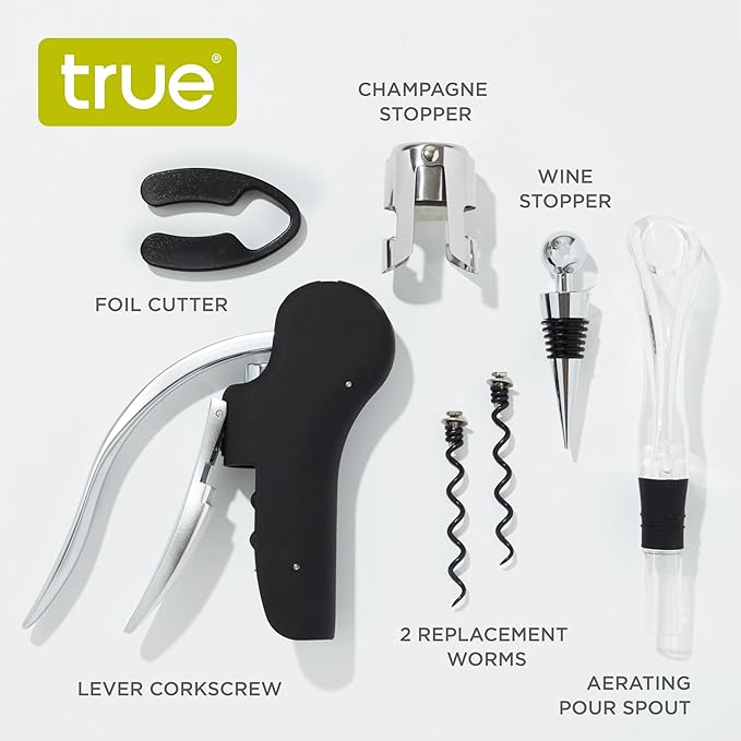 True Wine Tools Set with Cherry Stained Wooden Gift Box, Includes Lever Corkscrew, Foil Cutter, Aerator Pourer, 2 Worms, Chrome Bottle and Champagne Stopper, Home Bar Accessories, 7 Piece