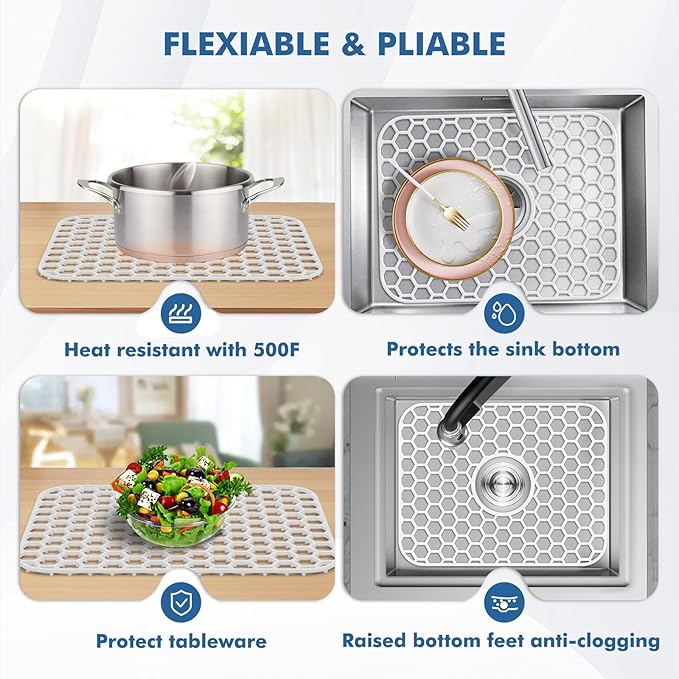Bestjing Silicone Sink Protectors for Kitchen Sink - 16.2"x12.5" Kitchen Protector Accessory, Non-Slip Heat Resistant Mat for Bottom of Farmhouse Porcelain Stainless Steel (White)