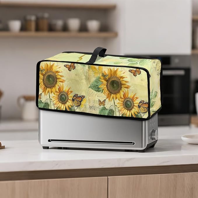 Sunflower Butterfly Toaster Cover Long Slot 2 Slice Slim Toaster Cover, Heat-Resistant Small Appliance Covers Dustproof Protective Covers for Furniture Decor