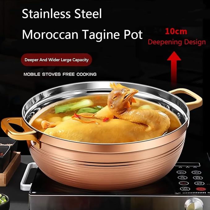Moroccan Tagine Cooking Pot,Stainless Steel Non Stick Moroccan Casserole with 2 Handles,Large Moroccan Cooker Handmade Tagine Pot with Cone-Shaped Lid(25cm, Rose Gold)