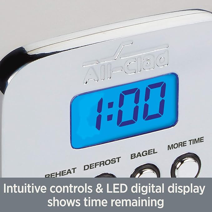 All-Clad Electrics Stainless Steel Toaster 2 -lice LED display, Removable crumb try, 6-Browing levels, Wide and self-centering slots, Waffles, Bagels, Bread, 12.91"D x 5.29"W x 8.98"H, Silver