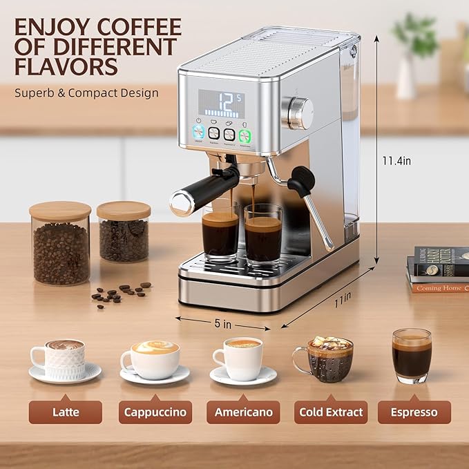 Espresso Machine 20 Bar, Stainless Compact Espresso Maker with Steam Milk Frother, 57.5OZ Water Tank, Touch Screen Indicator of Making Time, for Latte, Cappuccino, Silver Give to Family 2026