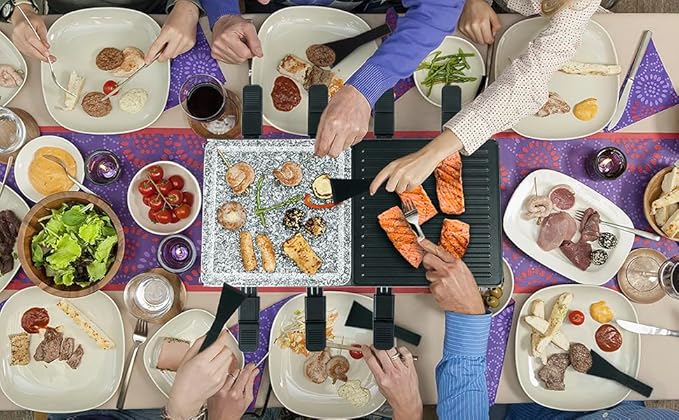 Raclette Grill, Techwood Electric Indoor Grill with 2 Reversible Non-stick Grill Griddle Plates, 1 Stone Grill Plate, 1500W Fast Heating with 8 Cheese Pans, Ideal for Parties and Family Fun, Black
