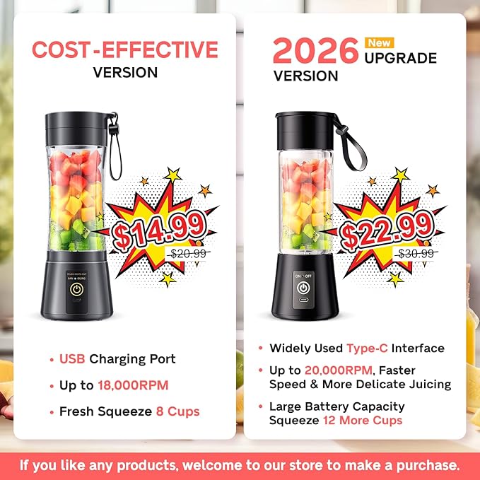 Cordless Portable Personal Size Blender - Mini Blender Make Smoothies and Shakes, 380Ml BPA Free Travel Cup, Powerful Blending Suit in Office/Home/Gym, Mother's Day