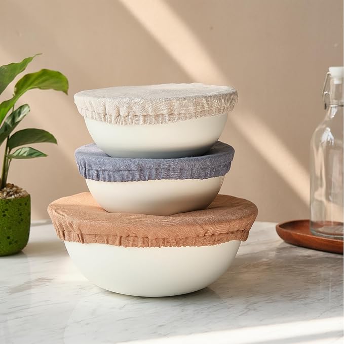 100% Pure Linen Bowl Covers For Bread Proofing, 4 Pcs Elastic Reusable Solid Color Cloth Fabric Bowl Covers,XL Organic Washable Large Stretch Sourdough Lids 6 * 8 * 10 * 12 Inches, Blue