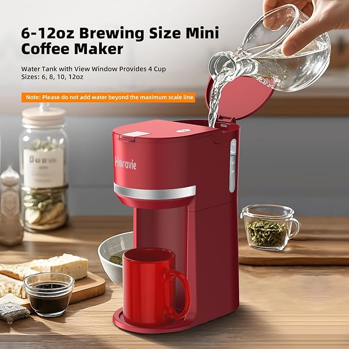 Horavie Mini Single Serve Coffee Maker for K Cup and Ground Coffee, Fast Brew One Cup Coffee Machine with Descaling Reminder and Water Window, 6 to 12 oz. Brew Sizes, Red