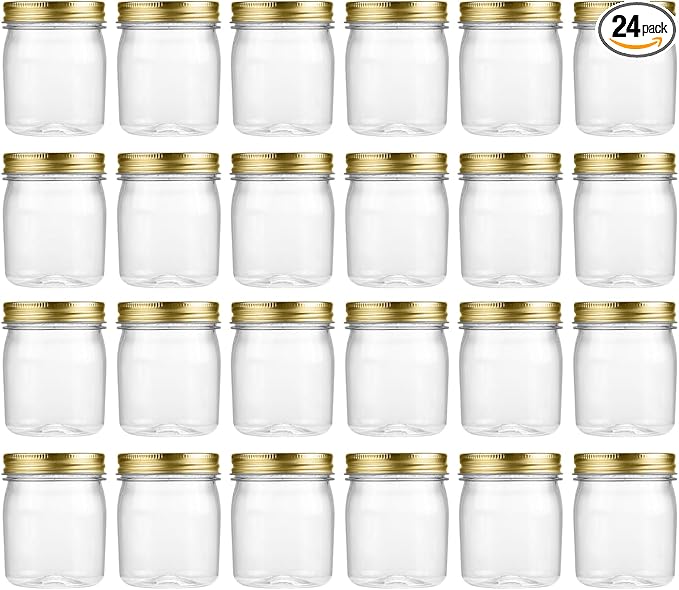novelinks 8 oz Clear Plastic Jars with Airtight Lids, 24 Pack Plastic Mason Jars with Lids 8oz, Refillable Storage Slime Containers & Small Spice Jar for Kitchen Organization (24 Pack,Gold)