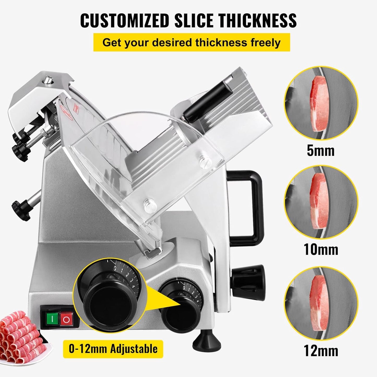 VEVOR Commercial Meat Slicer, 200W Electric Deli Food Slicer, 0-12mm Adjustable Thickness Electric Meat Slicer, 1200RPM Meat Slicer with 8.7'' Chromium-plated Steel Blade for Home & Commercial Use