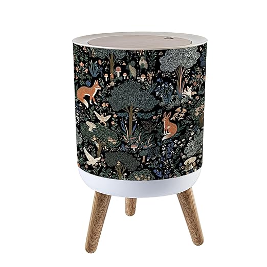 Trash Can with Lid Whimsical Woodland Animals Foxes Rabbits Forest Press Top Round Small Garbage Bin with Wooden Legs Waste Basket for Kitchen Bedroom Nursery 7L/1.8 Gallon