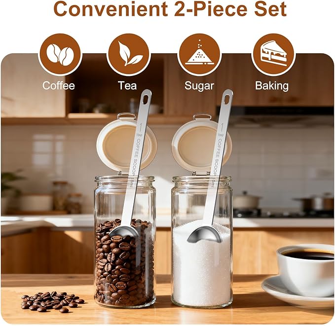 2PCS Coffee Scoop Spoons, 15ML (1 Tablespoon) Stainless Steel Measuring Spoons with Long Handle, Durable Coffee Scoopers for Ground Coffee, Tea and Baking Powder