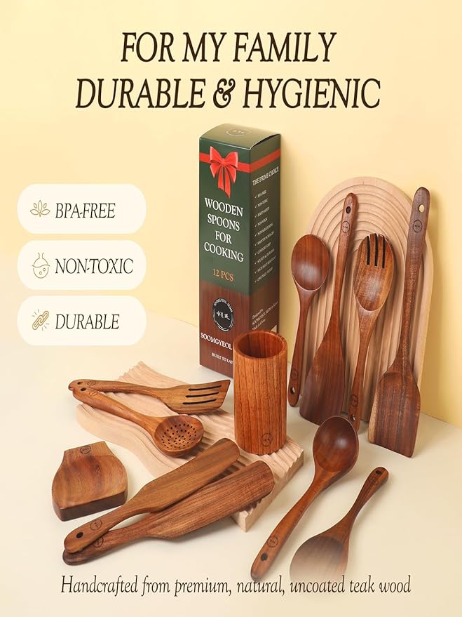 Natural Teak Wood Kitchen Utensil Set - 12 Piece Cooking Spoons & Spatulas with Large Spoon Holder & Rest, Non-Stick Heat Resistant Wooden Tools, Food-Safe Eco-Friendly Organizer