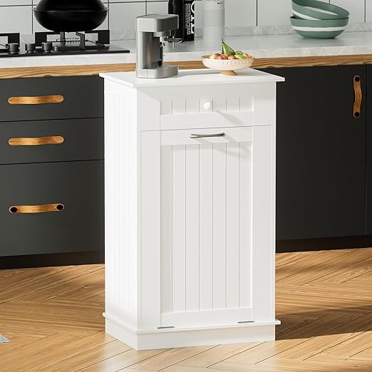 Wooden Tilt Out Trash Can Cabinet, 10 Gallon Dog Proof Garbage Can Holder, Kitchen Island with Laundry Hamper, White