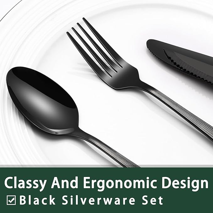 EWFEN 24-Piece Black Silverware Set with Steak Knives, Black Flatware Set for 4, Food-Grade Stainless Steel Tableware Cutlery Set, Mirror Finished Utensil Sets for Home Restaurant, Roman Column