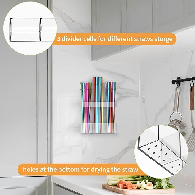 Straw Holder for Cabinet Door, Reusable Tumbler Straw Organizer Storage Container Mount for Kitchen Counter Cupboard Door (Transparent, 5.7inch)
