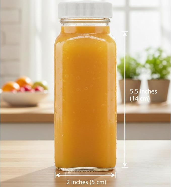 kitchentoolz 8oz Square Glass Juice Shot Bottle with Lid – 8 Pack 8 oz Milk Glass Bottles with Lids for Lunch Box, Airtight Reusable Drinking Jars for Smoothies, Yogurt, Kefir, Juice & Water