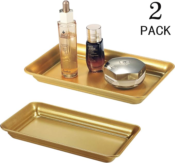 SheeChung 2 Pack Vintage Farmhouse Decor Metal Vanity Tray and 2 Pack Bathroom Soap Dishes Tray with Drain Metal Sponges Scrubber Holder Bar Soap Dispenser Saver - Gold