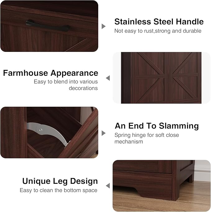 Tilt Out Trash Can Cabinet for 13 * 1 Gallon Trash Can, Farmhouse Kitchen Island Cabinet with Adjustable Shelf for Hidden Laundry Basket, Dog Proof Garbage Can for Dining Living Room, Dark Brown