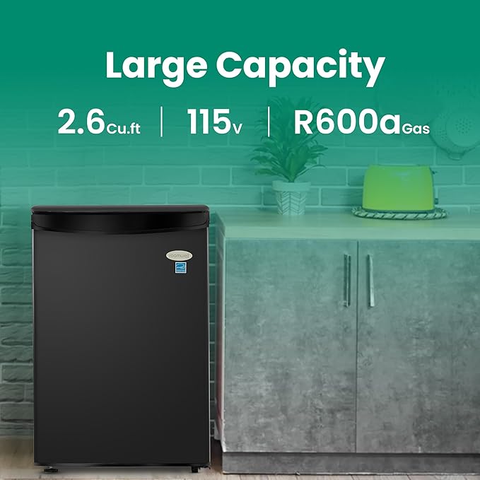roomwell E-Star 2.6 Cu Ft Mini Fridge without Freezer - Black Mini Fridge AUTO DEFROST, Reversible Single Door, Glass Shelf Refrigerator - A Space-Saving Marvel for Your Bedroom, Dorm, and Office