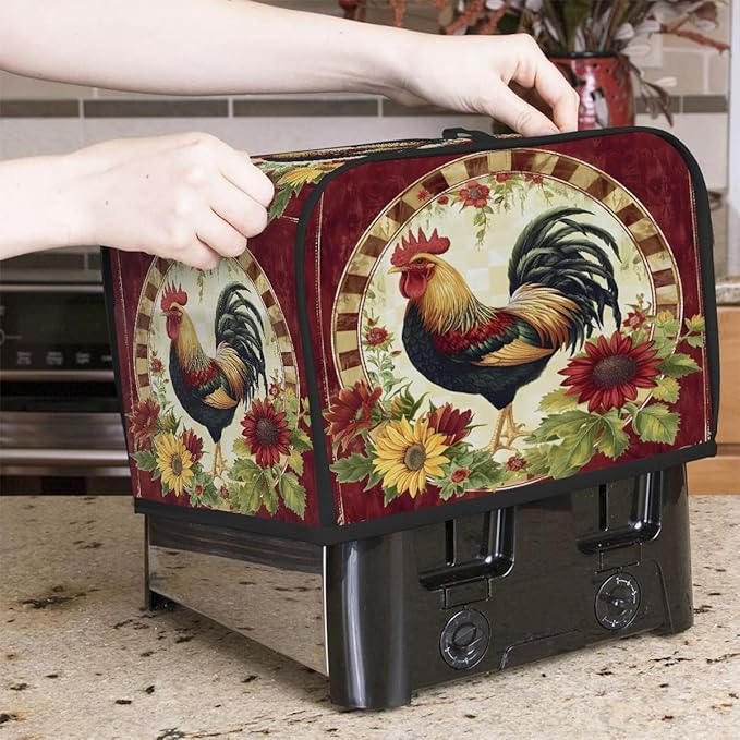 Rooster Red Animal Toaster Cover 4 Slice Dust and Fingerprint Protection Toaster Bread Maker Covers Washable Kitchen Small Appliance Covers for Kitchen Accessories Decor Bakeware Women Gift