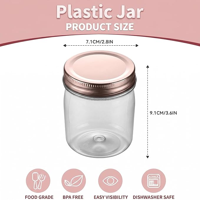 novelinks 8 oz Clear Plastic Jars with Airtight Lids, 8 Pack Plastic Mason Jars with Lids 8oz, Refillable Storage Slime Containers & Small Spice Jar for Kitchen Organization (8 Pack,Rose Gold)