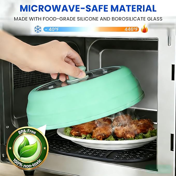 Microwave Splatter Glass Cover with Silicone Mat,Food Safe Collapsible Silicone Microwave Cover for Food with Vent Hole and Easy Grip Silicone Handle Knob,BPA Free,Dishwasher Safe (Green)