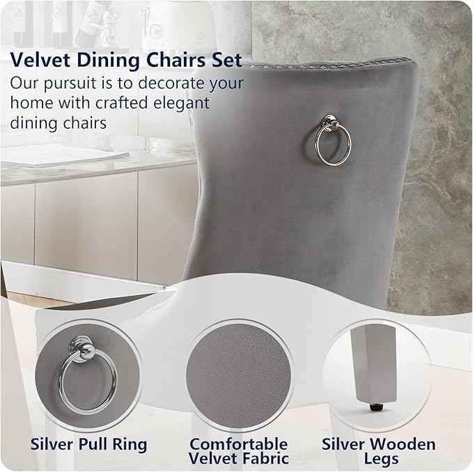 Velvet Dining Chairs Set of 4, Kitchen & Dining Room Chairs, Upholstered Dining Chairs with Back Ring Pull and Silver Solid Wood Legs, Modern Tufted Kitchen Chairs for Dining Room, Light Grey