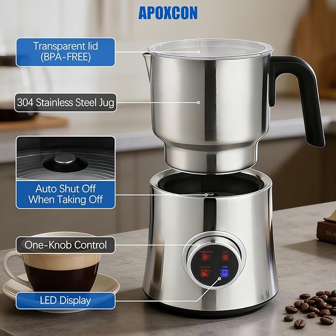 APOXCON Electric Milk Frother and Steamer, 4-in-1 Hot & Cold Foam Maker for Coffee 17oz Stainless Steel Frother Machine with LED Display Rotary Knob Milk Warmer Hot Chocolate Maker Dishwasher Safe
