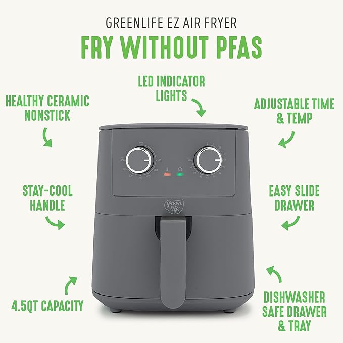 GreenLife 4.5QT Air Fryer, Mechanical Dial Controls, PFAS-Free Ceramic Nonstick Drawer, Adjustable Temp & Timer, LED Indicator, Oil-Less Cooking, Dishwasher Safe, Compact Family Size, Graphite