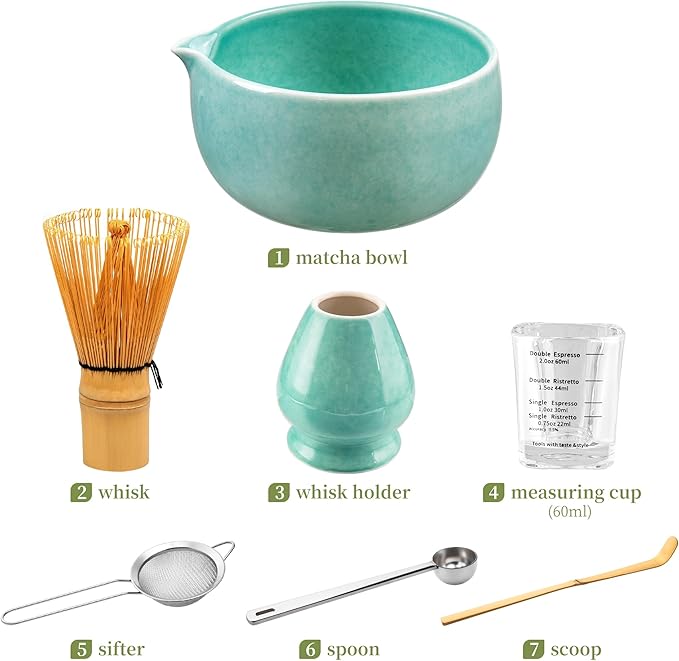 YIBO Matcha Whisk Set, Matcha Kit Bamboo Whisk and Ceramic Bowl with Spout & Measuring Spoon & Cup, Japanese Ceremony Matcha Tea Making Tools Blue