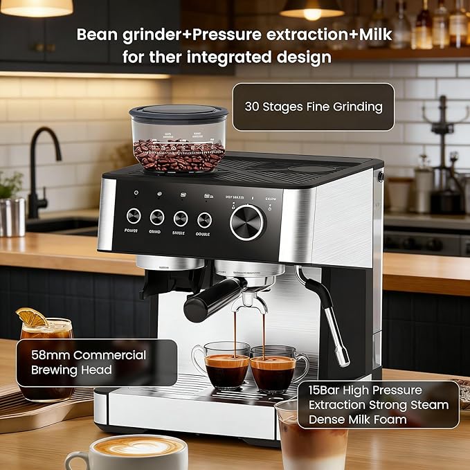 Kndko Espresso Machine, 20Bar Italian Pump & Commercial Steam Wand for Barista-Quality Coffee | Easy to Use with PID Control & Guided Tutorial | All-in-One Kit, Compact Stainless Steel Design