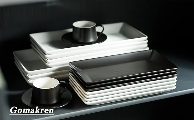 Gomakren Black Serving Platter Set of 4 Porcelain Serving Plates Rectangular Halloween Serving Dishes and Platters Serving Trays for Party Appetizer Sushi, 10 Inch Black Serveware Thanksgiving Gifts